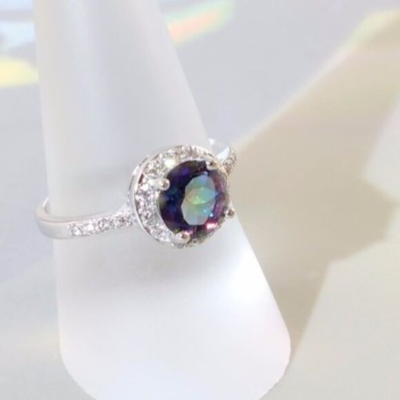 Ocean Mystic Gemstone & White Sapphires Ring Size 6-3/4 - Picture 1 of 8